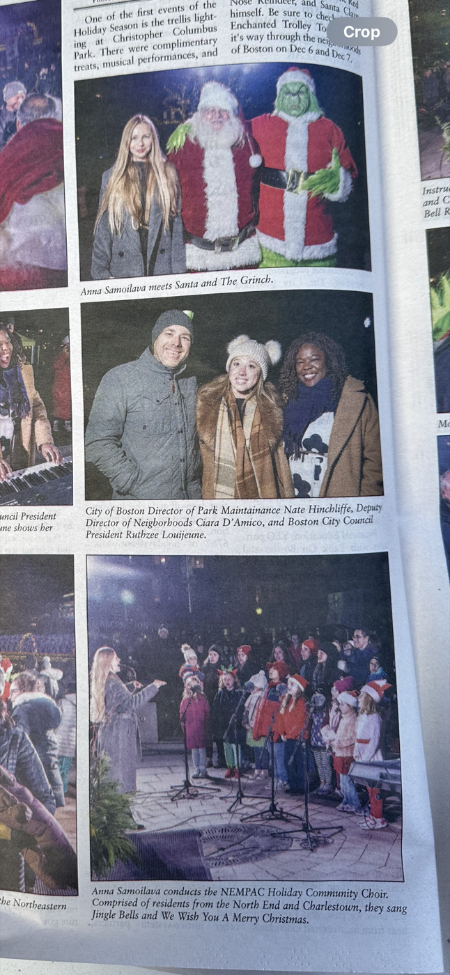 Newspaper detail showing Anna conducting the NEMPAC Holiday Community Choir