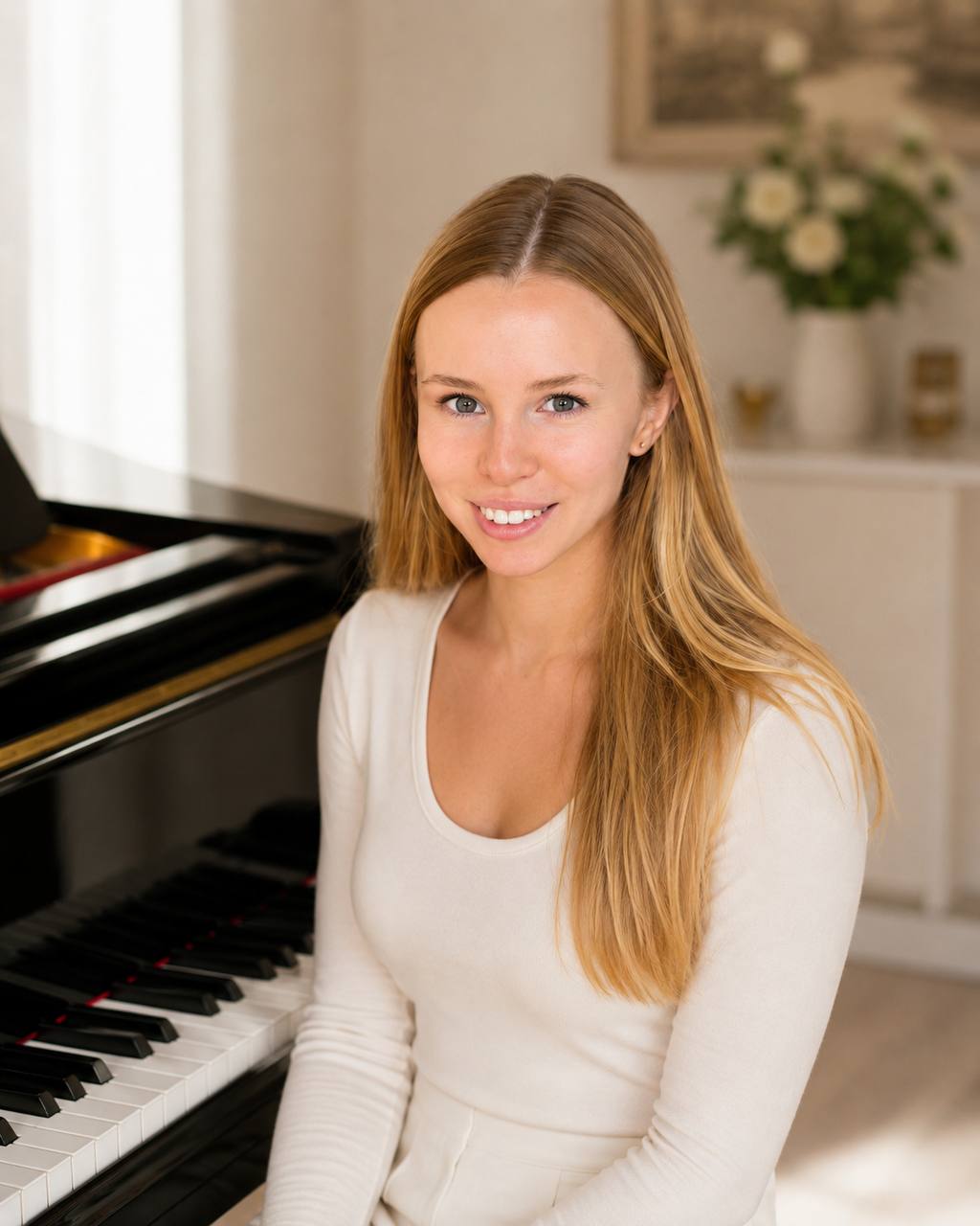Anna sitting by a piano in a bright studio