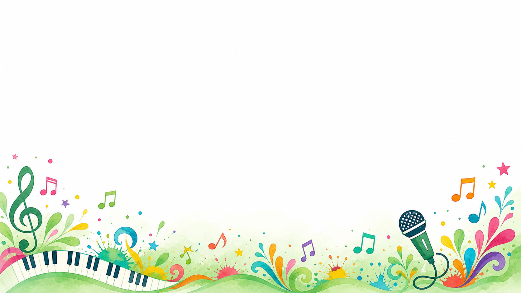 Colorful music notes, piano keys, paint splashes, a pencil, and a microphone around a clean white space