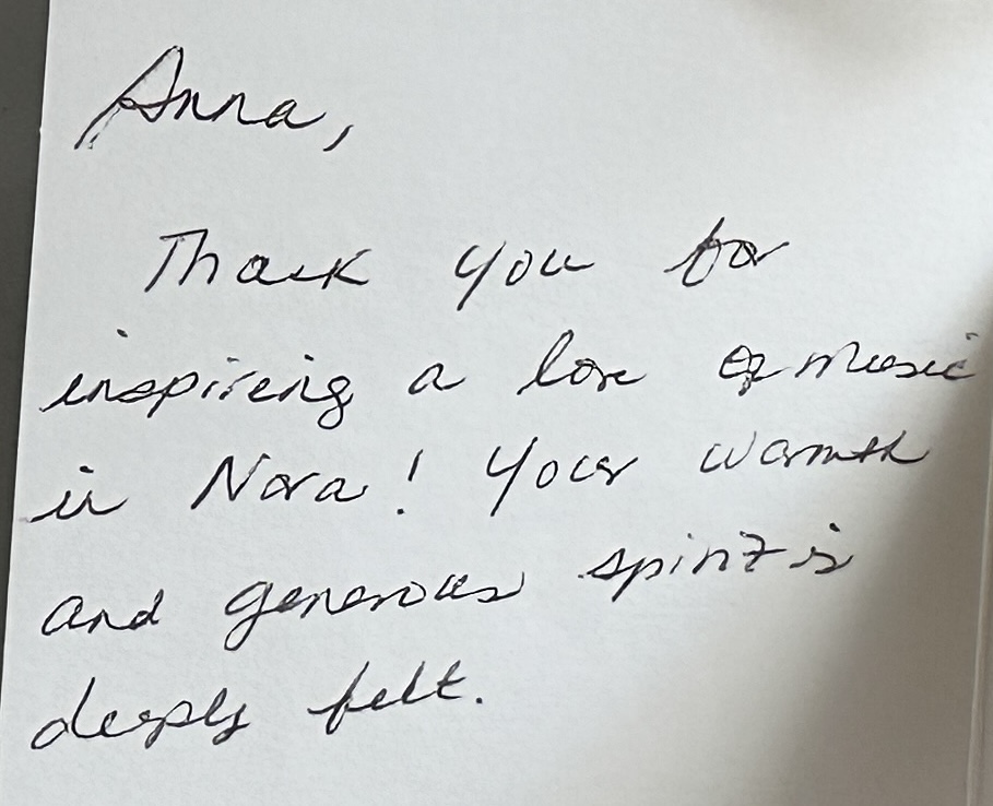 Handwritten note thanking Anna for inspiring a love of music
